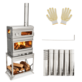 Wood Burning Stove with Oven and Rack - Camping Tent Stove with Chimney Pipe, Stainless Steel Hot Tent Stove for Outdoor, Cooking, Hiking